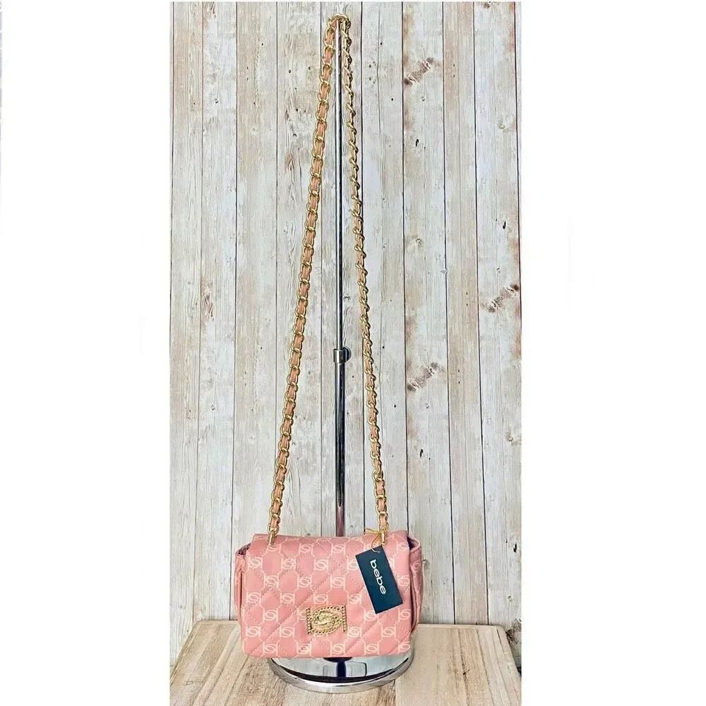 NWT BEBE Gorgeous Pink logo Liv Signature quilted gold chain Crossbody bag